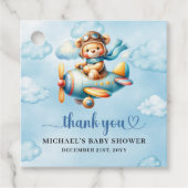 Minimalist Teddy Bear Pilot Airplane Blue Brown Bedankjes Labels (Voorkant)