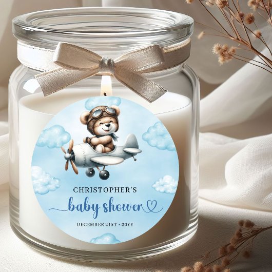 Minimalist Teddy Bear Pilot Airplane Blue Brown  Ronde Sticker