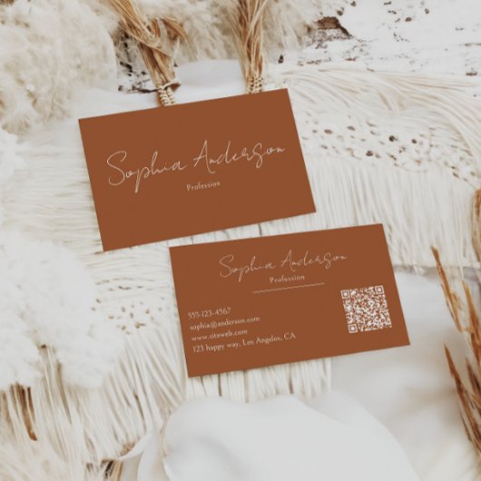 Minimalist Terracotta Modern Script Qr Code        Visitekaartje
