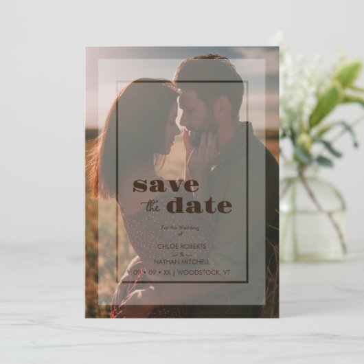 Minimalist Transparency Vellum Effect Photo Card Save The Date (Staand voorkant)