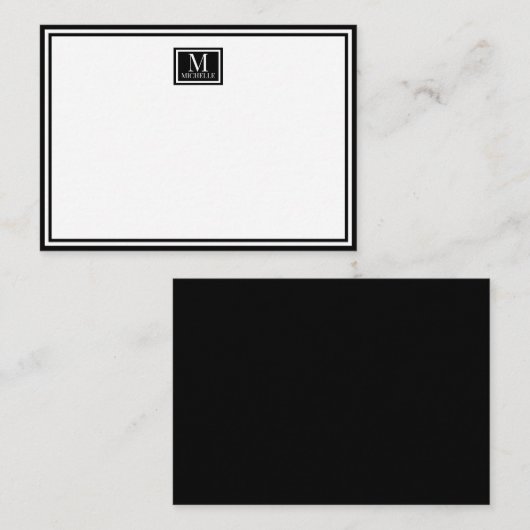 Minimalist Two Boarder Monogram Name Black Notitiekaartje (Voorkant / Achterkant)