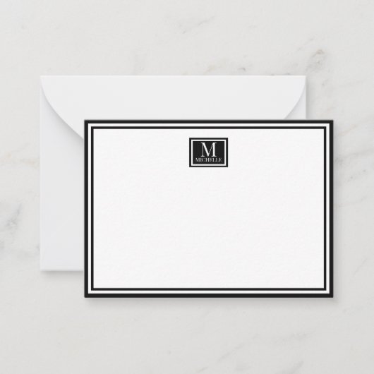 Minimalist Two Boarder Monogram Name Black Notitiekaartje (Voorkant)