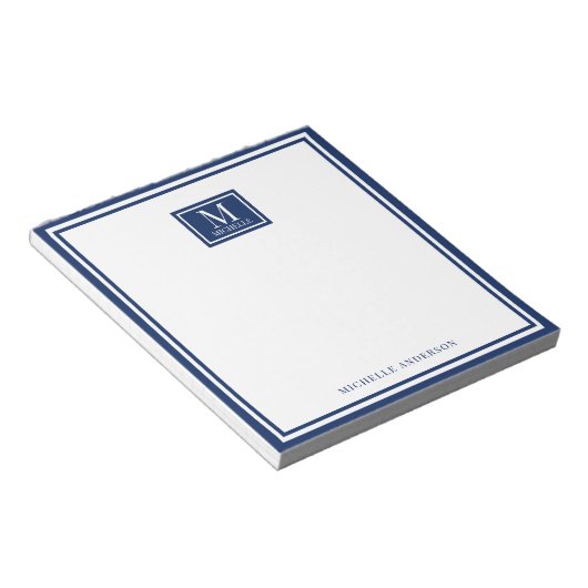 Minimalist Two Boarder Monogram Name Navy Blue Notitieblok (Schuin)
