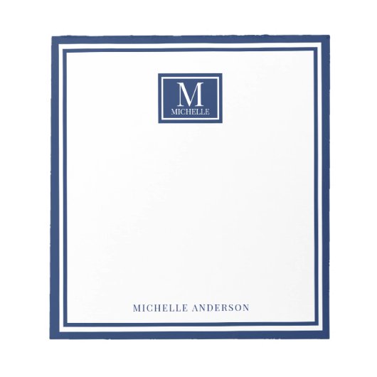 Minimalist Two Boarder Monogram Name Navy Blue Notitieblok (Voorkant)