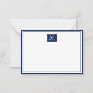 Minimalist Two Boarder Monogram Name Navy Blue Notitiekaartje