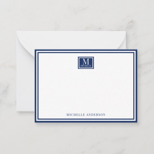 Minimalist Two Boarder Monogram Name Navy Blue Notitiekaartje (Voorkant)