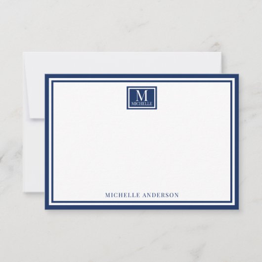 Minimalist Two Boarder Monogram Name Navy Blue Notitiekaartje (Voorkant)