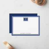 Minimalist Two Boarder Monogram Name Navy Blue Notitiekaartje (Voorkant / Achterkant in situ)