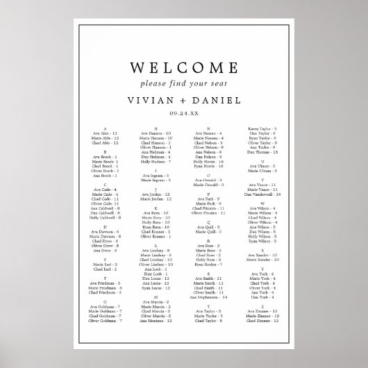 Minimalist Typography Alphabetical Seating Chart Poster (Voorkant)