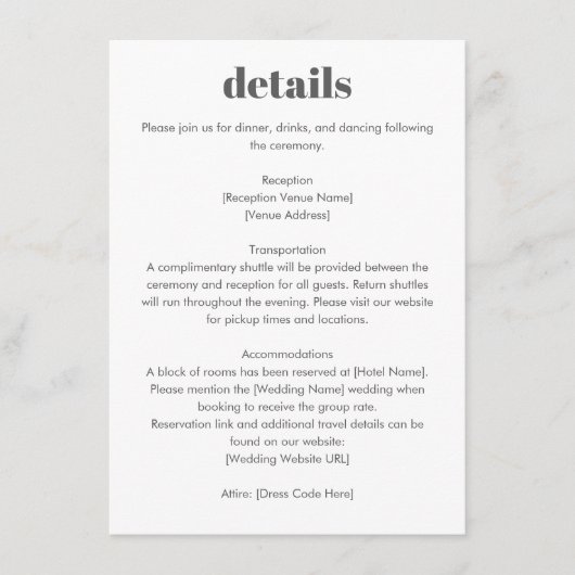 Minimalist Typography Black White Wedding Details Informatiekaartje (Voorkant)