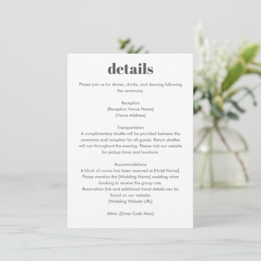 Minimalist Typography Black White Wedding Details Informatiekaartje (Staand voorkant)