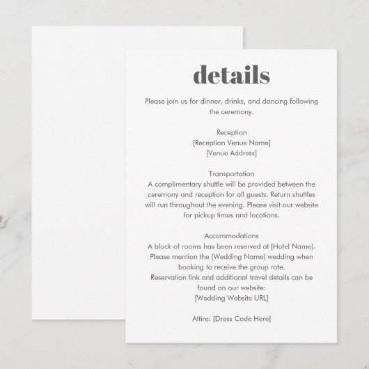 Minimalist Typography Black White Wedding Details Informatiekaartje (Voorkant / Achterkant)