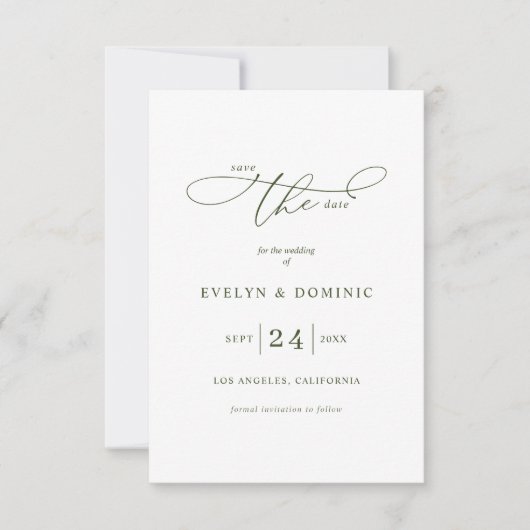 Minimalist Typography Olive Green Wedding  Save The Date (Voorkant)