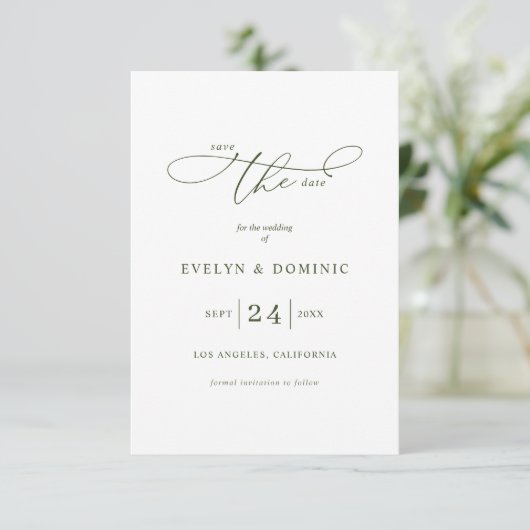 Minimalist Typography Olive Green Wedding Save The Date (Staand voorkant)