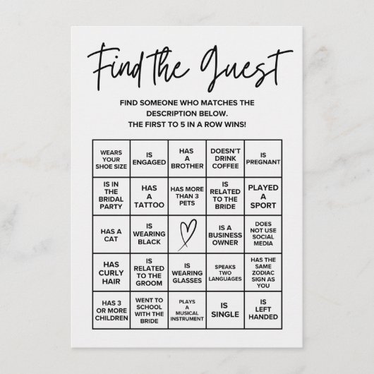 Minimalist Vind de Gast Bridal Bingo Game Kaart (Voorkant)