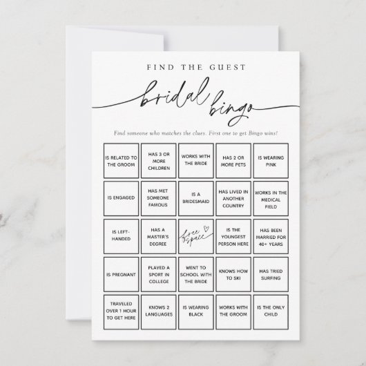 Minimalist Vind de Gast Bridal Bingo Game Kaart (Voorkant)