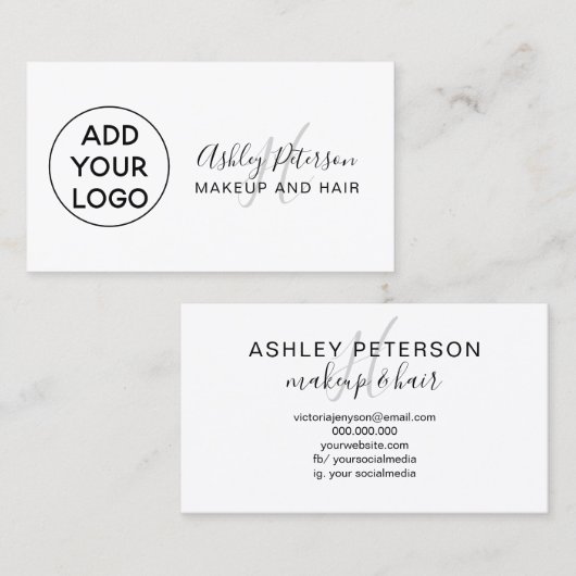 Minimalist voeg je logo zwart wit monogram haar to visitekaartje (Voorkant / Achterkant)