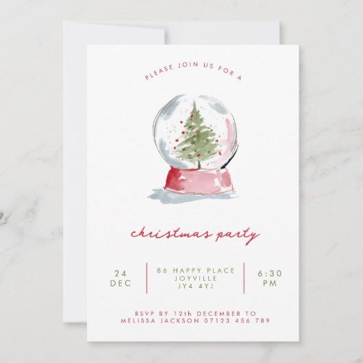 Minimalist Watercolor Snow Globe Christmas Party Kaart (Voorkant)