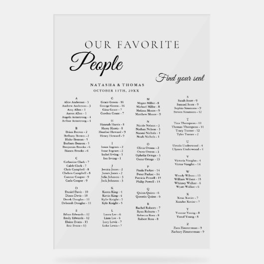  Minimalist  Wedding Alphabetical Seating Chart Acryl Bord (Voorkant)