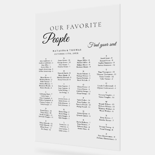 Minimalist Wedding Alphabetical Seating Chart Acryl Bord (Hoek)