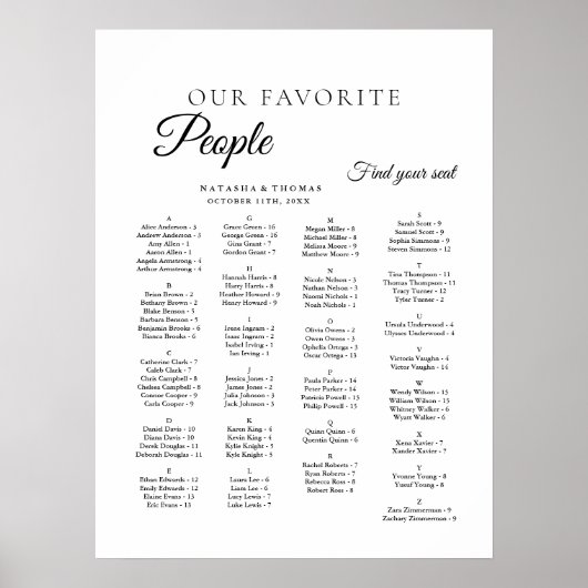 Minimalist Wedding Alphabetical Seating Chart Poster (Voorkant)