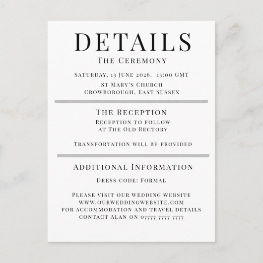 Minimalist Wedding Details Card | Elegant Editable Advieskaart (Voorkant)