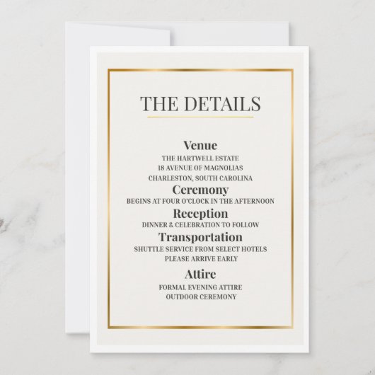 Minimalist Wedding Details Card – Gold Border Kaart (Voorkant)