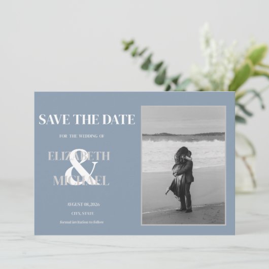 Minimalist Wedding Dusty Blue Photo Save The Date (Staand voorkant)