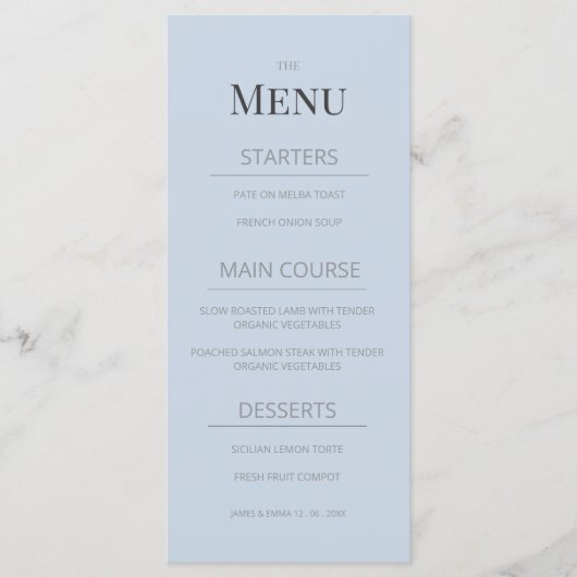 Minimalist Wedding Menu | Dusky Blue (Voorkant)