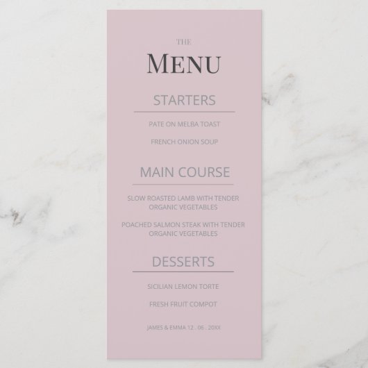 Minimalist Wedding Menu Dusky Rose (Voorkant)