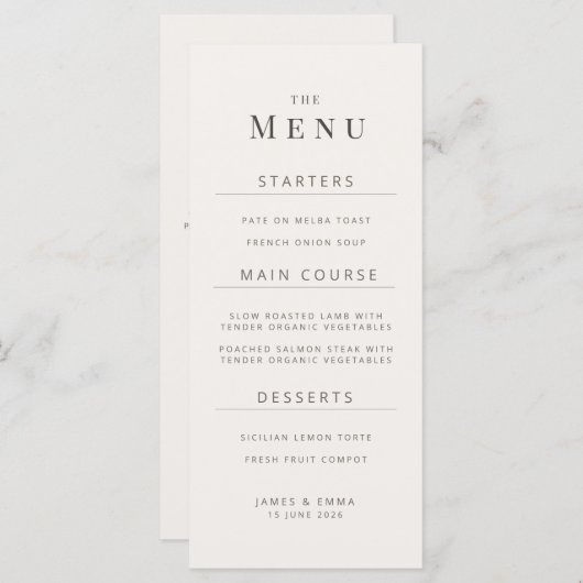 Minimalist Wedding Menu | Warm White (Voorkant / Achterkant)