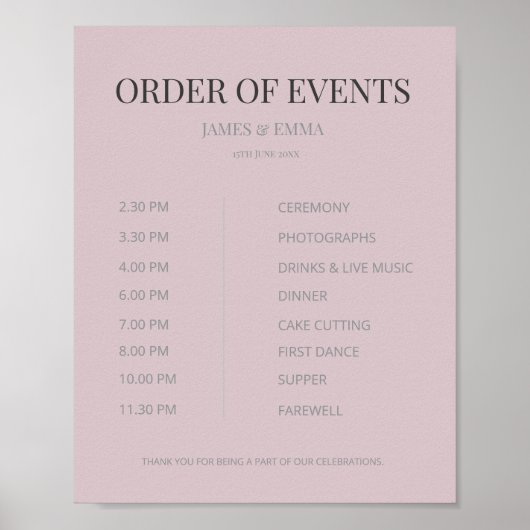 Minimalist Wedding Order of Events Dusky Rose Poster (Voorkant)