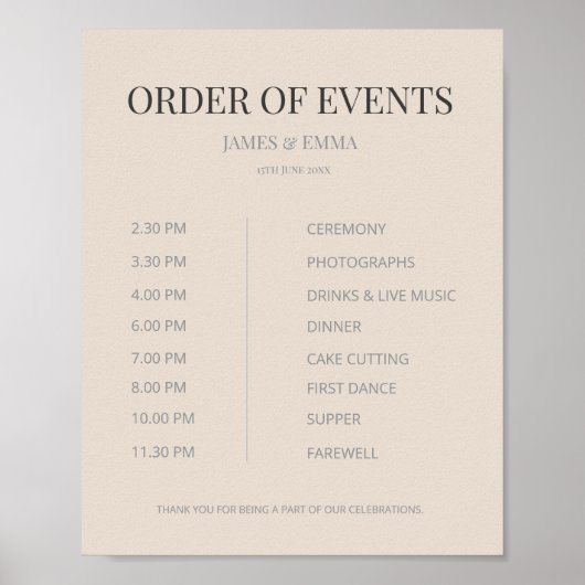 Minimalist Wedding Order of Events Soft Latte Poster (Voorkant)