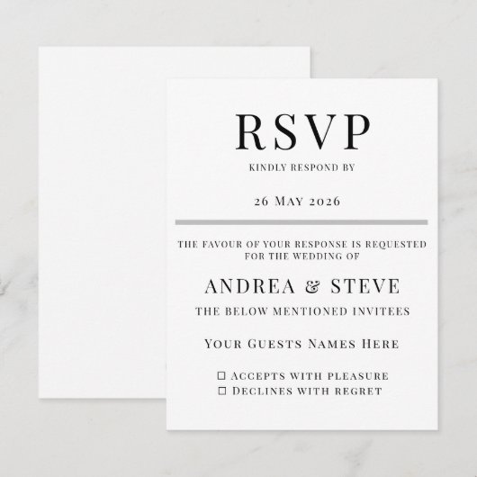 Minimalist Wedding RSVP Card | Elegant Classic Kaartje (Voorkant / Achterkant)