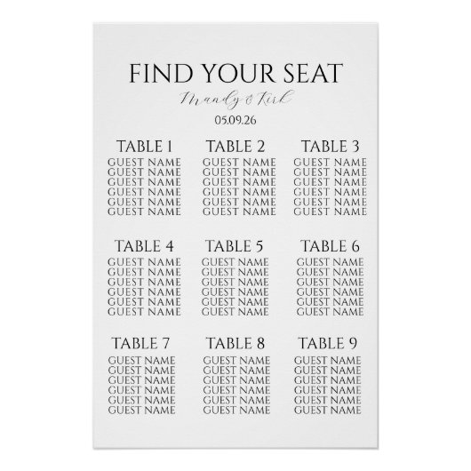 Minimalist Wedding Seating Chart | Custom Modern  Perfect Poster (Voorkant)
