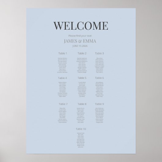 Minimalist Wedding Seating Plan (10) Dusky Blue Poster (Voorkant)