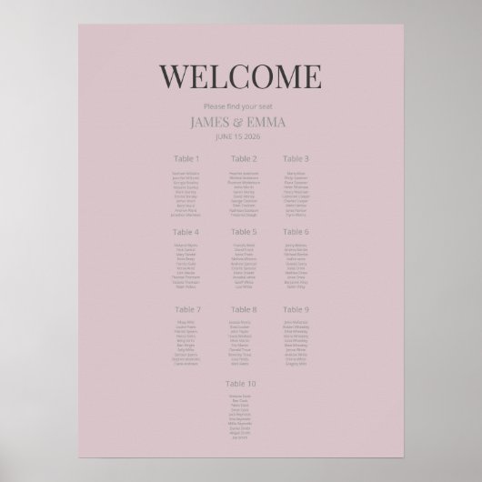 Minimalist Wedding Seating Plan (10) Dusky Rose Poster (Voorkant)