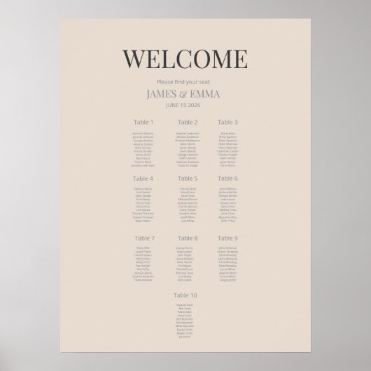 Minimalist Wedding Seating Plan (10) Soft Latte Poster (Voorkant)
