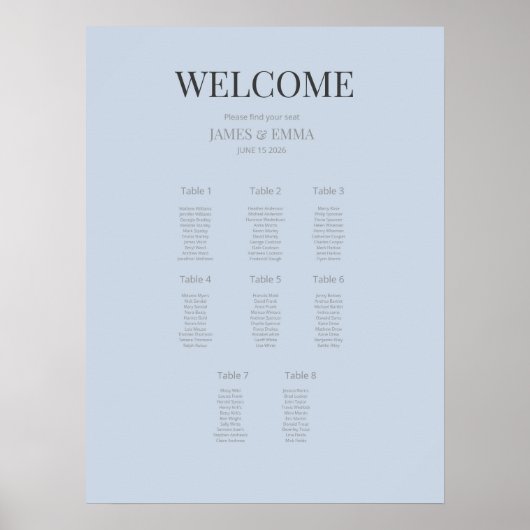 Minimalist Wedding Seating Plan (8) Dusky Blue Poster (Voorkant)