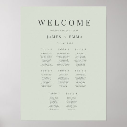 Minimalist Wedding Seating Plan(8) Pale Sage Poster (Voorkant)