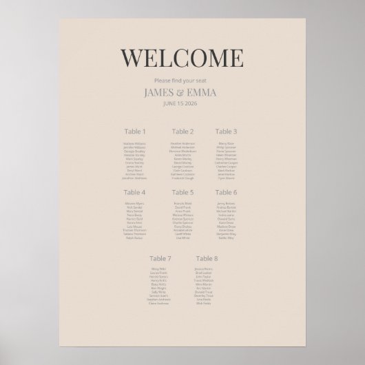 Minimalist Wedding Seating Plan (8) Soft Latte Poster (Voorkant)