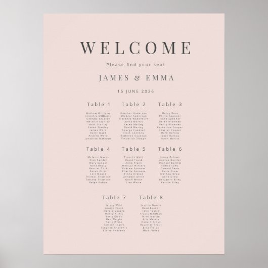 Minimalist Wedding Seating Plan (8) Warm Blush Poster (Voorkant)