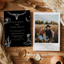 Minimalist Western Rustic Photo Black Wedding Kaart
