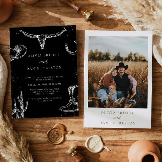 Minimalist Western Rustic Photo Black Wedding Kaart