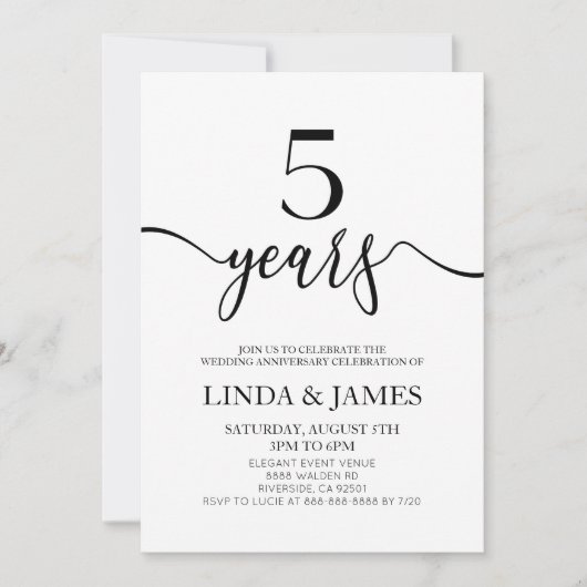 Minimalist White Black 5th Wedding Anniversary Kaart (Voorkant)