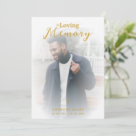 Minimalist White Gradient Overlay Photo Funeral Kaart (Staand voorkant)