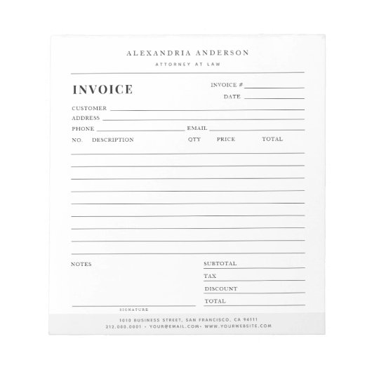 Minimalist White Lawyer Professional Invoice Notitieblok (Voorkant)