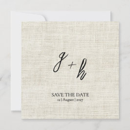 Minimalist White Linen Vintage Save Date Initials Aankondiging