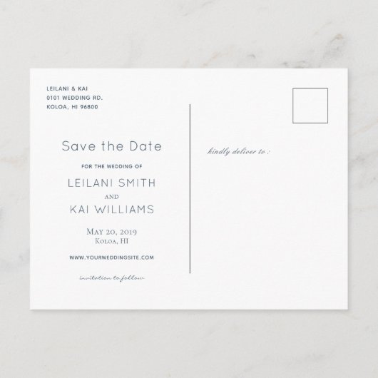 Minimalist White & Navy Save the Date Briefkaart (Achterkant)