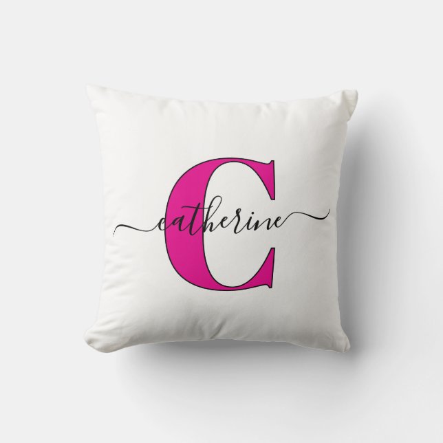 Minimalist White Pink Monogram Name Stylish Script Kussen (Voorkant)